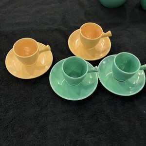 Vintage Fiesta HCL Older Demitasse Cup & Saucer Lot Of  2 Green & 2 Yellow